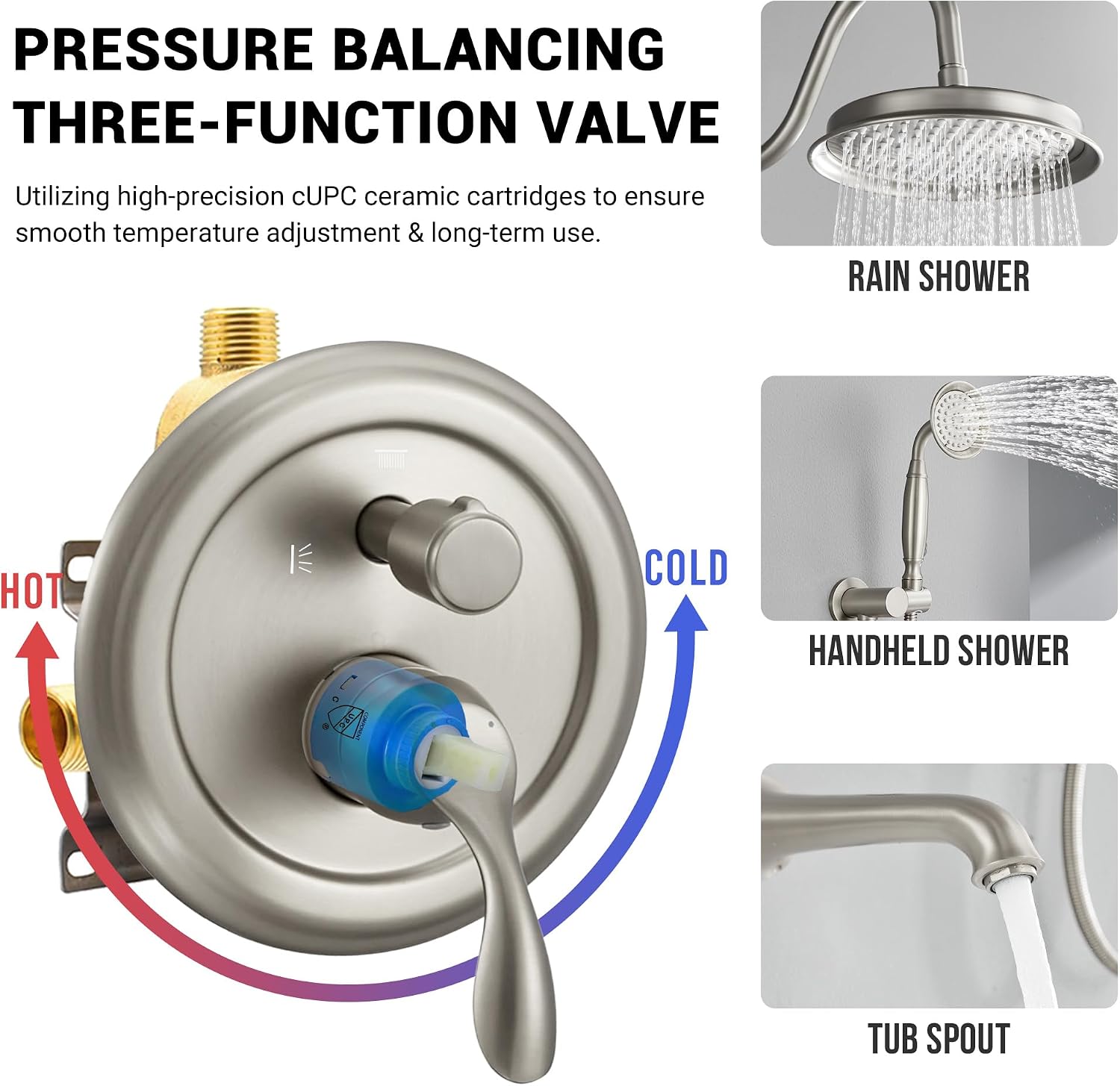 DASAN Brushed Nickel Shower System with Tub Spout, Tub and Shower Faucet Combo Set with Valve & Trim Kit Bathtub Shower Faucet Set Bathtub Shower System with Rainfall Shower Head & Handheld, AT309W-BN