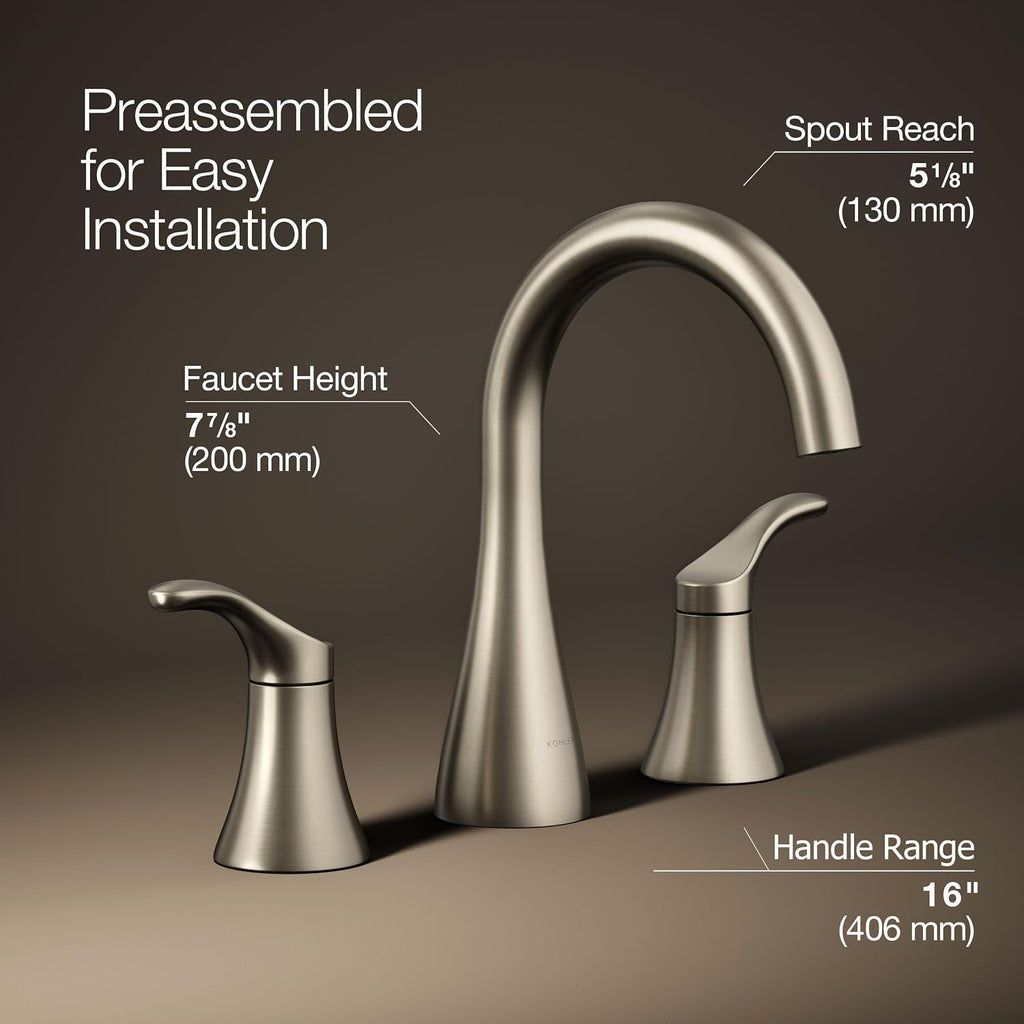 KOHLER K-27390-4-BN Simplice® Widespread Bathroom Sink Faucet, Bathroom Faucets with Two Lever Handles and Clicker Drain, 1.2 GPM, Vibrant Brushed Nickel