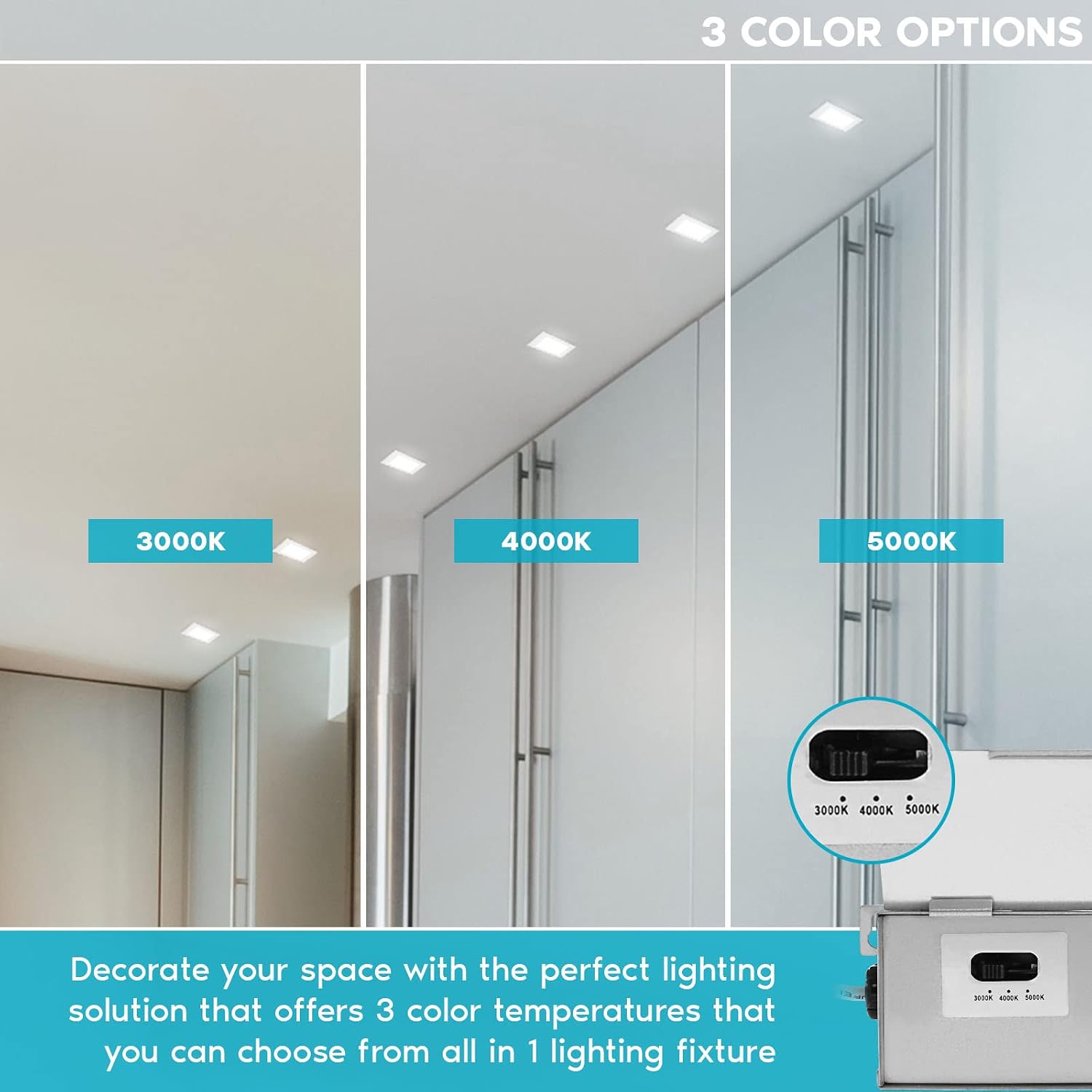 LUXRITE 2 Inch Square LED Recessed Lighting with Junction Box, 3CCT Selectable 3000K/4000K/5000K, CRI 90, Dimmable Canless LED Downlight Kit, 8W, 600 Lumens, IC Rated, Damp Rated, ETL Listed (4 Pack)