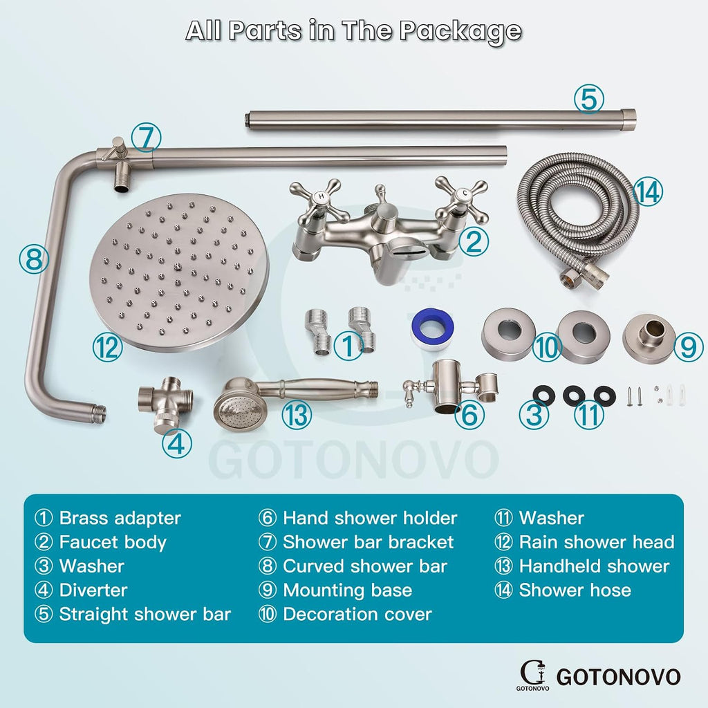 gotonovo Exposed Shower Faucet Set 8 Inch Rainfall Showerhead 3-Function Shower Fixture with Tub Spout 2 Corss Handles Shower System, Brushed Nickel