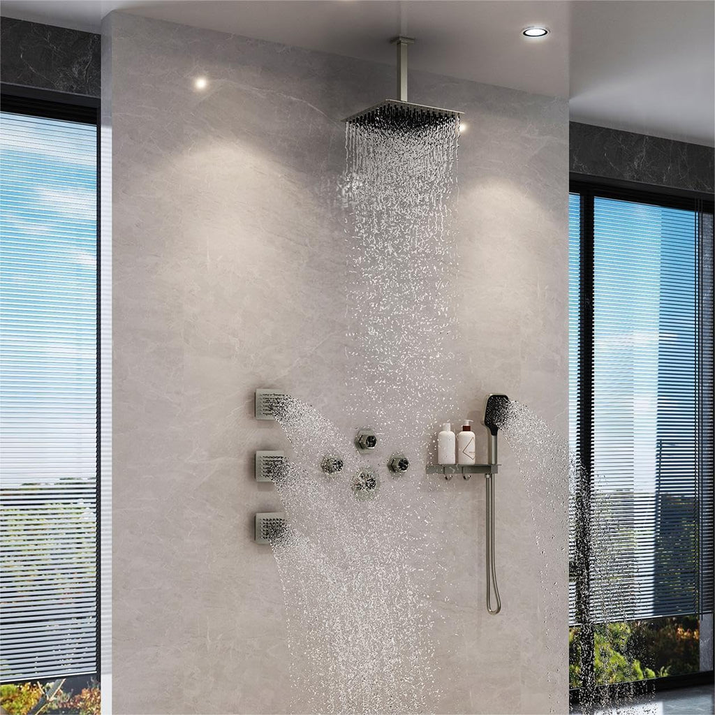 MONDAWE Shower System with Body Jets, 12 Inch Thermostatic Rain Shower System Ceiling Mount, Full Body Spray Shower Jets System with a Shelf, Towel Hooks - Brushed Nickel