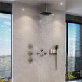 MONDAWE Shower System with Body Jets, 12 Inch Thermostatic Rain Shower System Ceiling Mount, Full Body Spray Shower Jets System with a Shelf, Towel Hooks - Brushed Nickel