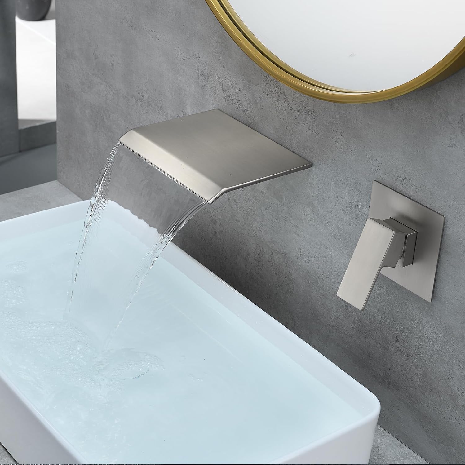 DASAN Wall Mount Waterfall Bathroom Faucet Brushed Nickel in Wall Sink Faucet, Single Handle Wall Mounted Modern Faucet for Bathroom with Upgraded Rough in Valve, DA-TFD3BN-NH