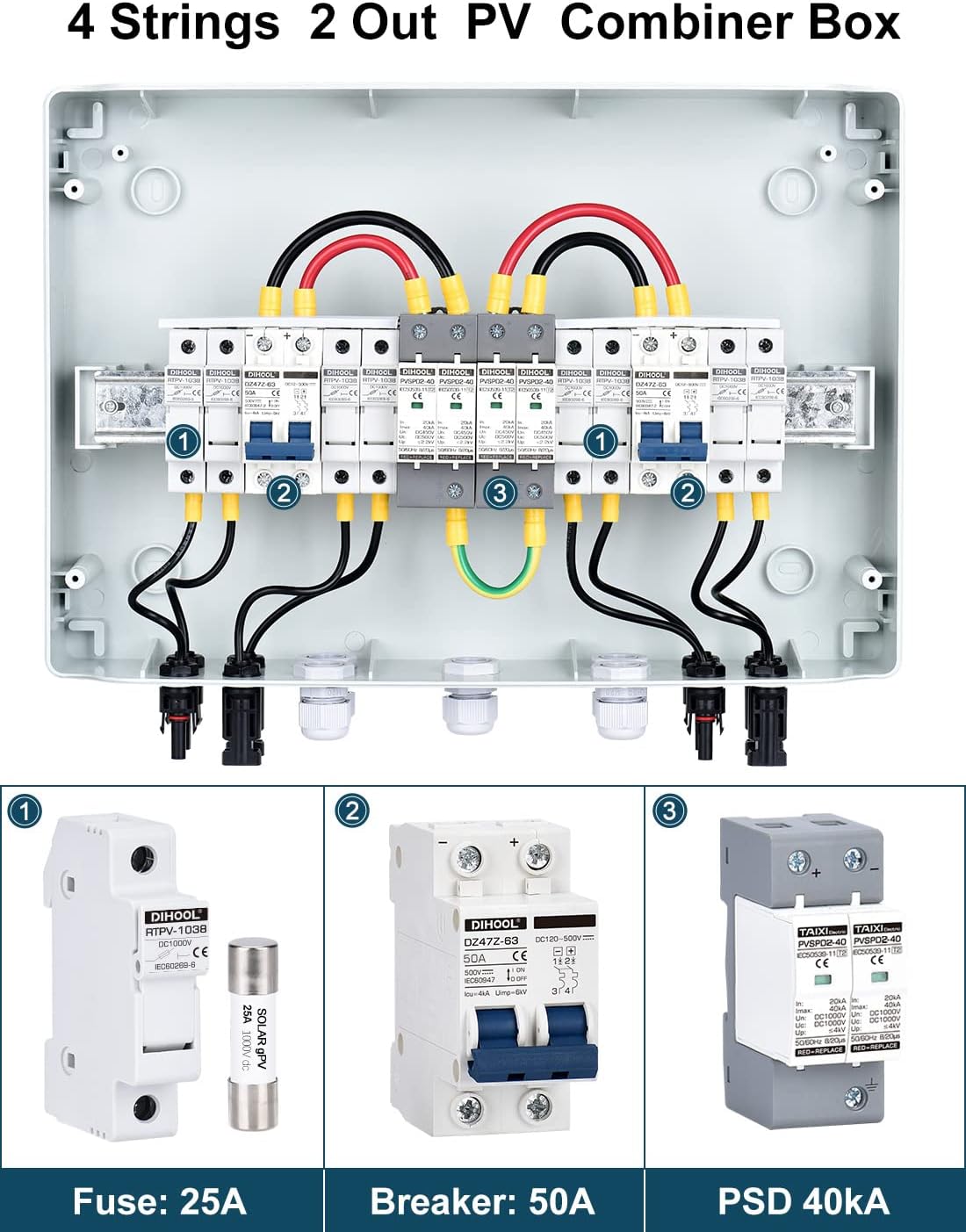 DIHOOL PV Solar Combiner Box with Lightning Surge Protector Arrester, 4 String 4 in 2 Out, 25A 500V DC Breaker Fuse Inline Box for 4 Arrays and 2 Inverters