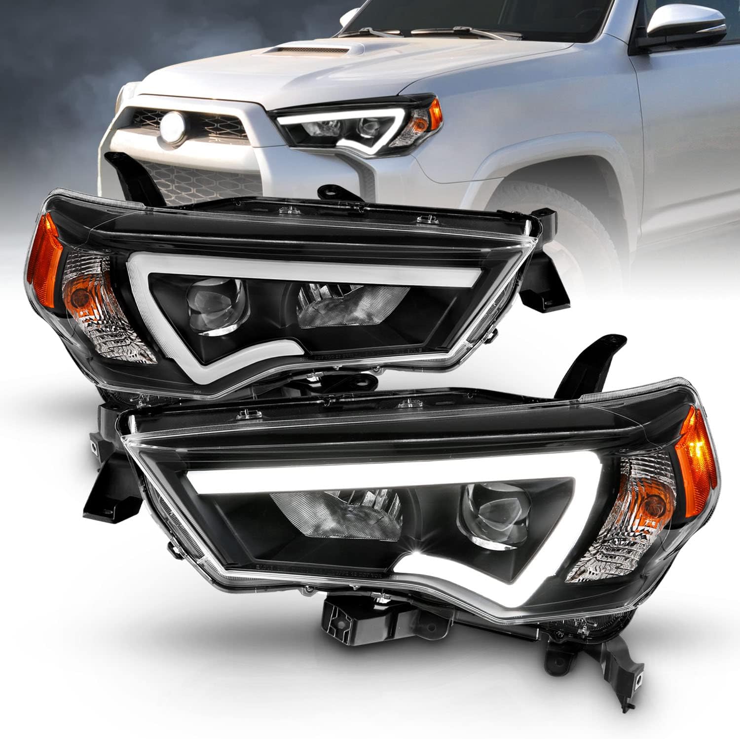AmeriLite for 2014-2023 Toyota 4-Runner LED Tube Square Projector Black Replacement Headlights Set - Passenger and Driver Side