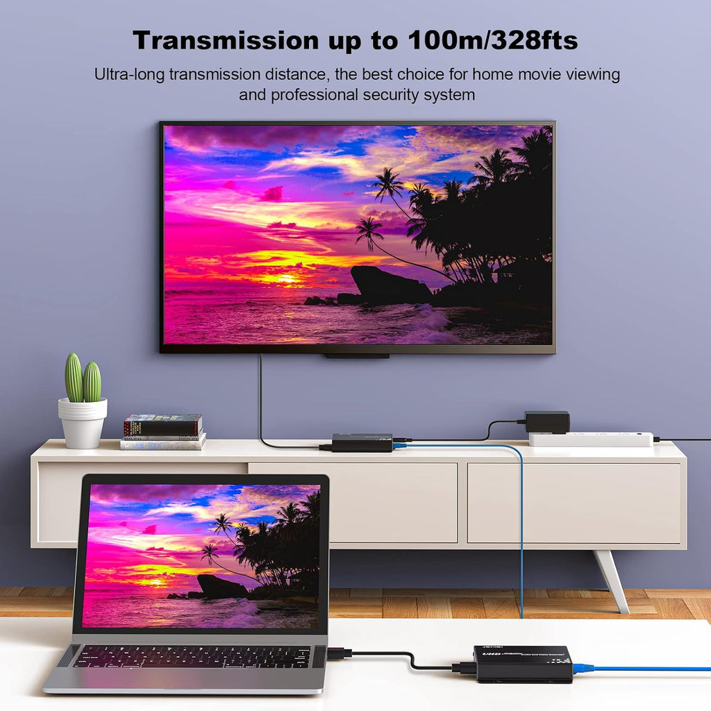 HDBasT HDMI Extender Over Cat5e/6 Ethernet up to 100m(328fts),JCHICI UHD 4K 60Hz (4:2:0 8-bit) with Bi-Directional IR, PoC and RS 232, Lossless Transmission