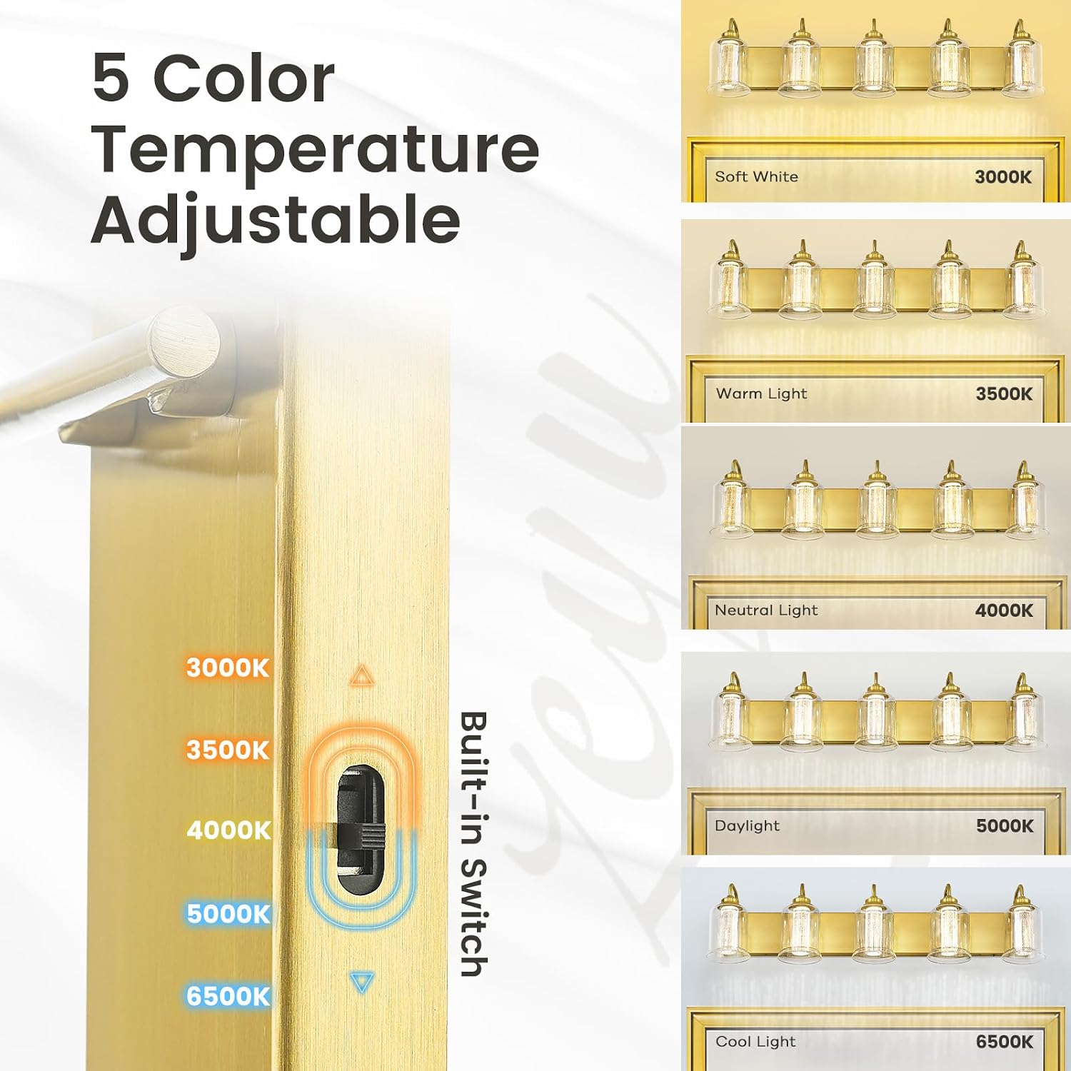 zeyu 5 Light Bathroom Wall Light, 30W Dimmable LED Vanity Lighting with 5 Color Modes, Brushed Gold Finish with Crystal Bubble and Clear Glass, ZSL72B-5W LED BG