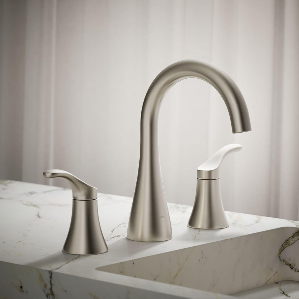 KOHLER K-27390-4-BN Simplice® Widespread Bathroom Sink Faucet, Bathroom Faucets with Two Lever Handles and Clicker Drain, 1.2 GPM, Vibrant Brushed Nickel
