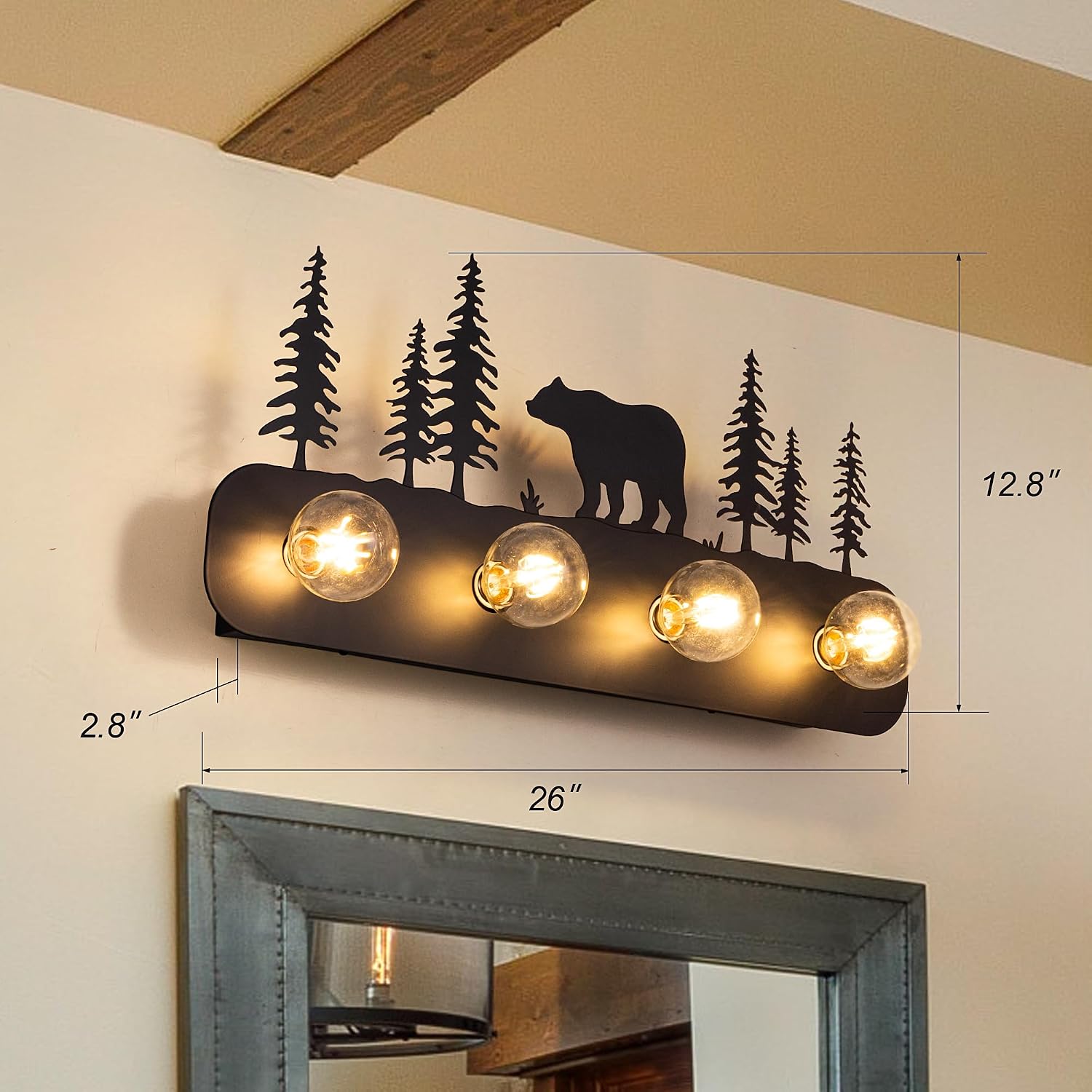 TOCHIC Rustic Bathroom Light Fixtures, 4 Lights Farmhouse Bathroom Vanity Light Over Mirror Dimmable, Western Bear Sconces Wall Lighting for Mirror Cabinets, Powder Room, Living Room, Black, 26'L