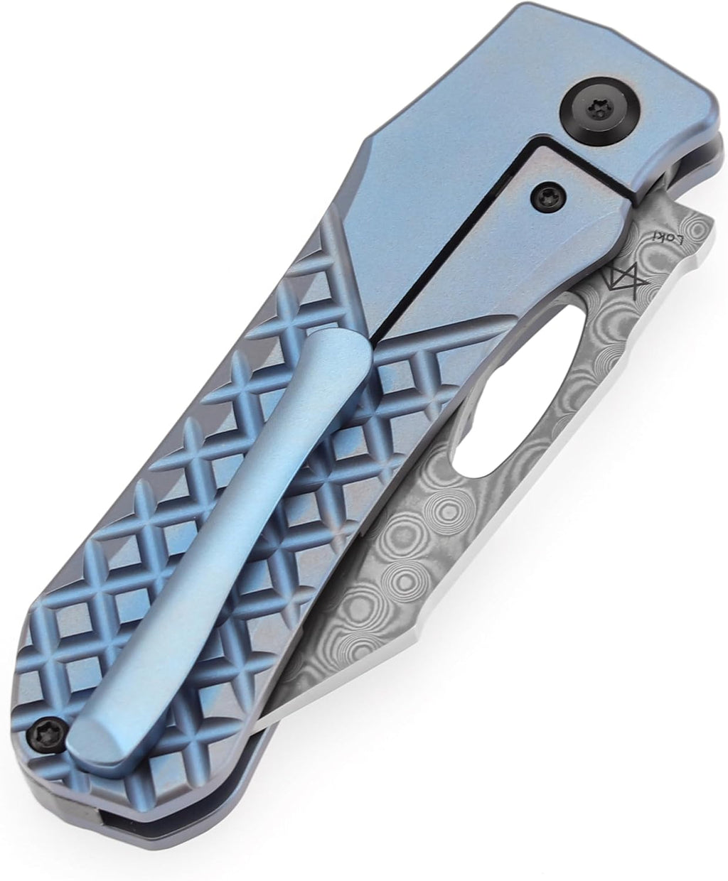 KANSEPT Loki Pocket Knife, 2.99'' Damascus Blade, Blue Anodized Titanium with Frag Pattern Handle, Everyday Carry K1058B7
