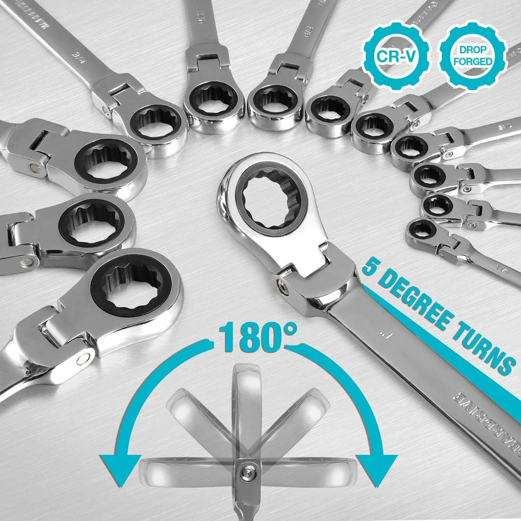Flex-Head Ratcheting Combination Wrench Set, SAE, 13-piece, 5/16'' to 1'', Chrome Vanadium Steel Construction with Rolling Pouch