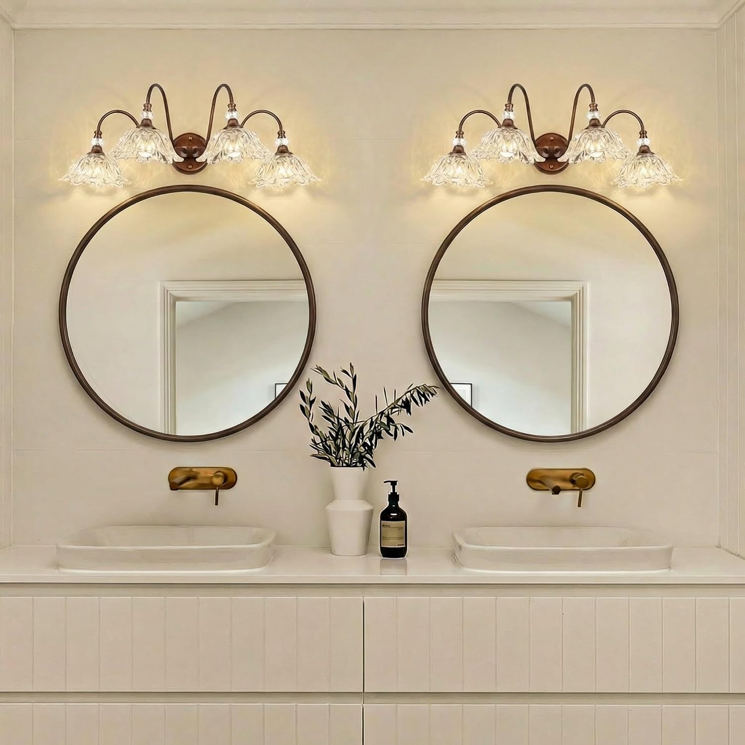 Antique Red Bronze Finish Bathroom Vanity Light, 4-Light Vintage Vanity Light with Floral Clear Glass Shades, Retro Wall Mount Lighting for Bathroom, Dressing Table