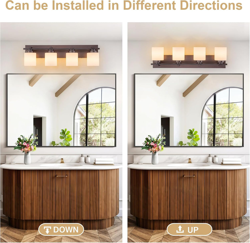 Modern Bathroom Light Fixtures Over Mirror, Vanity Lights for Bathroom Wall Sconces with Milky White Glass Shades, E26 Socket (Bulbs Not Included), 4 Light, Oil Rubbed Bronze