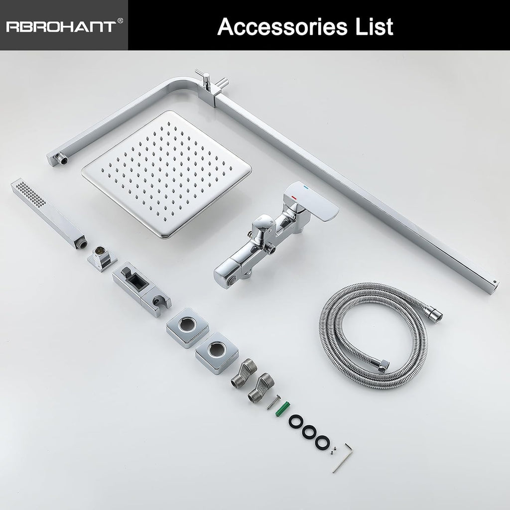 RBROHANT Polished Chrome Exposed Shower System with Tub Spout, Exposed Shower Fixtures for Bathroom with Brass 3-Functional Valve, Height Adjustable, Wall Mounted