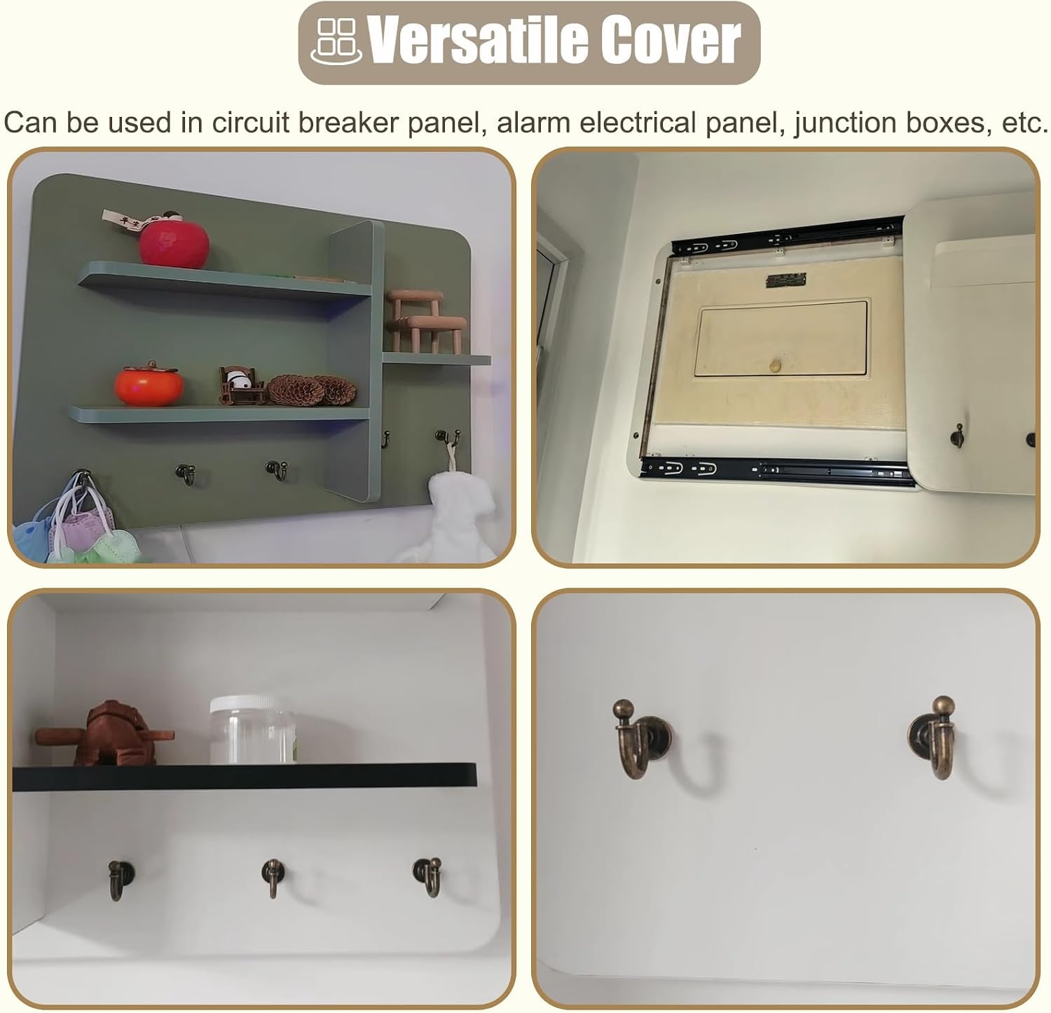 Wooden Breaker Box Cover with Shelves & Hooks, Multifunctional Indoor Fuse Box Cover for Decorative Wall, Left Sliding Meter Box Cover Farmhouse(Style/G,40x30cm(15 3/4x11 3/4'))