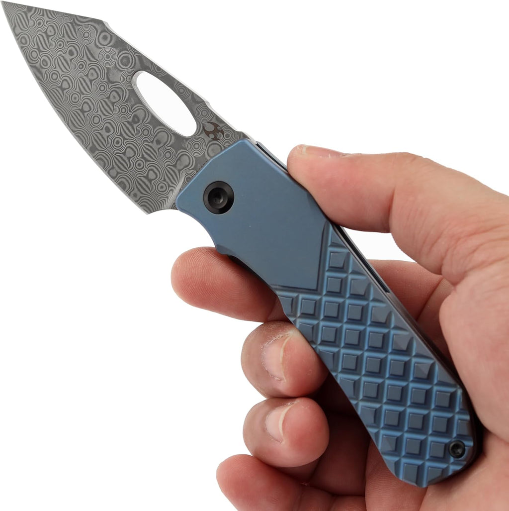 KANSEPT Loki Pocket Knife, 2.99'' Damascus Blade, Blue Anodized Titanium with Frag Pattern Handle, Everyday Carry K1058B7