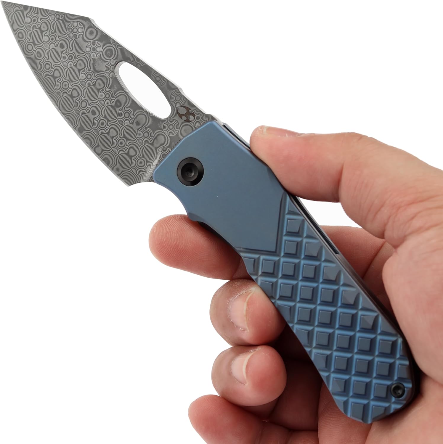 KANSEPT Loki Pocket Knife, 2.99'' Damascus Blade, Blue Anodized Titanium with Frag Pattern Handle, Everyday Carry K1058B7