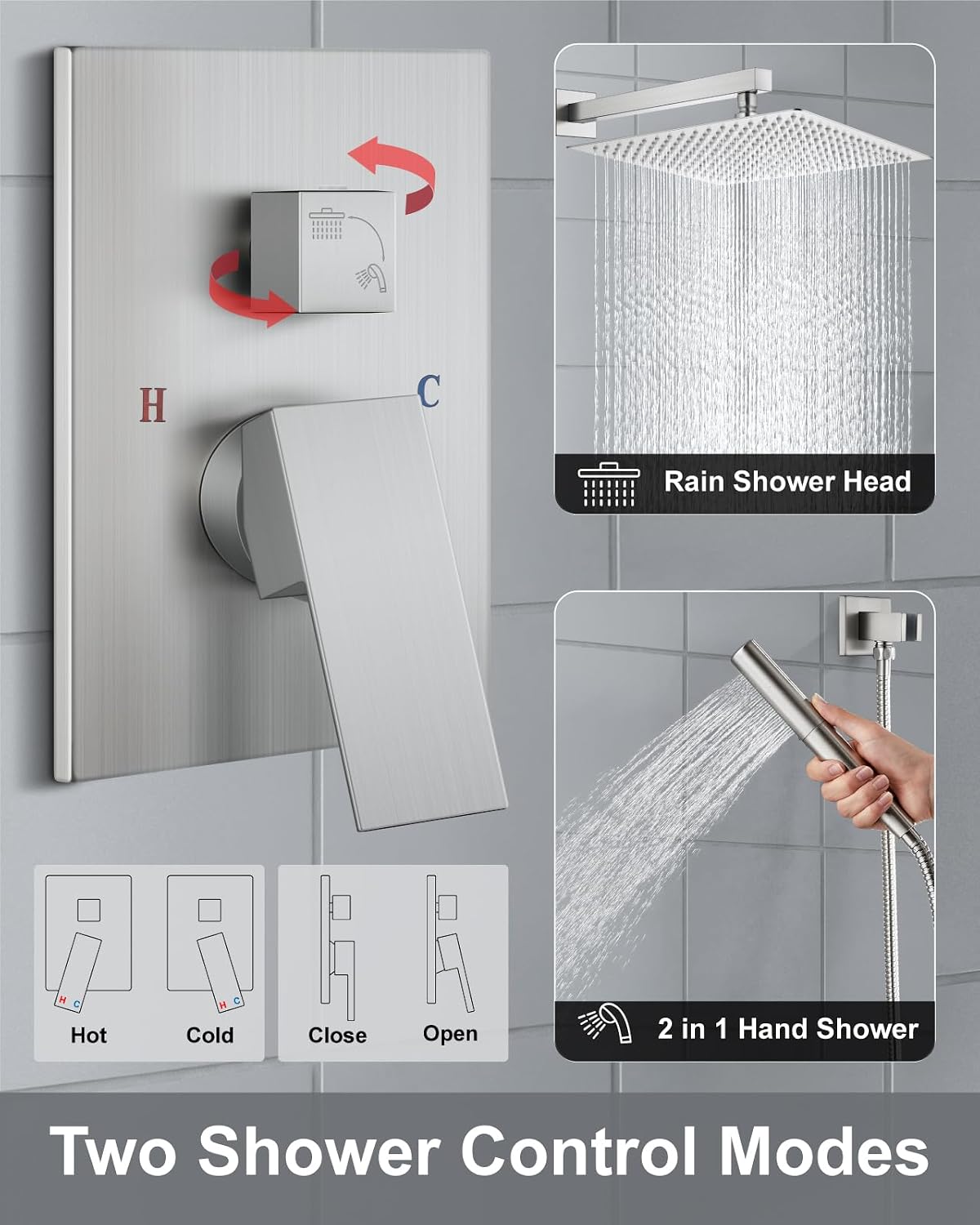 Aolemi Shower Faucet Set, High Pressure Shower System with 2-in-1 Handheld Sprayer, Wall Mount Fixture Combo with Rough-in Valve, 16 Inch Shower Head, Brushed Nickel