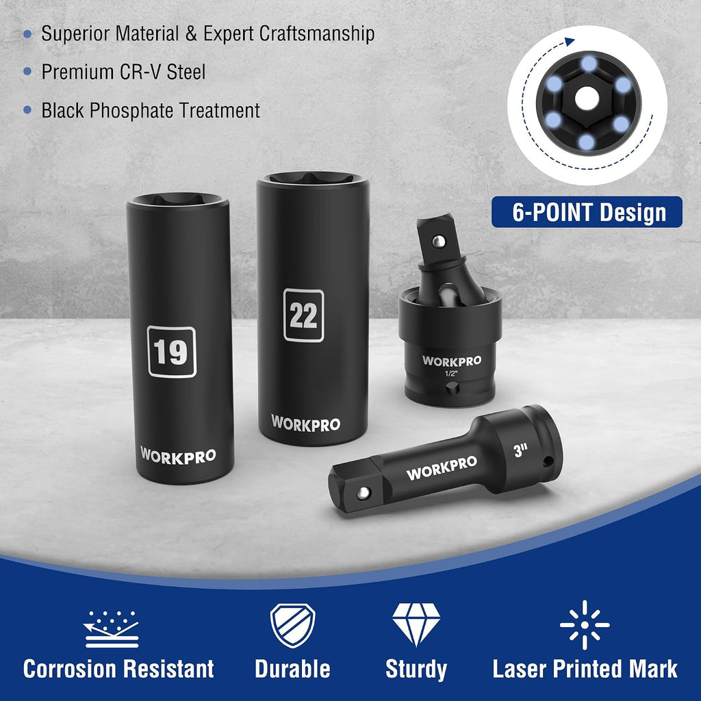 WORKPRO 1/2' Drive Impact Socket Set, 65PCS SAE(3/8'-1-1/4') and Metric(10-24mm) Deep & Shallow Kit, Ratchet Handle, Extension Bar, Impact Universal Joint and Adapters for Automotive Repair