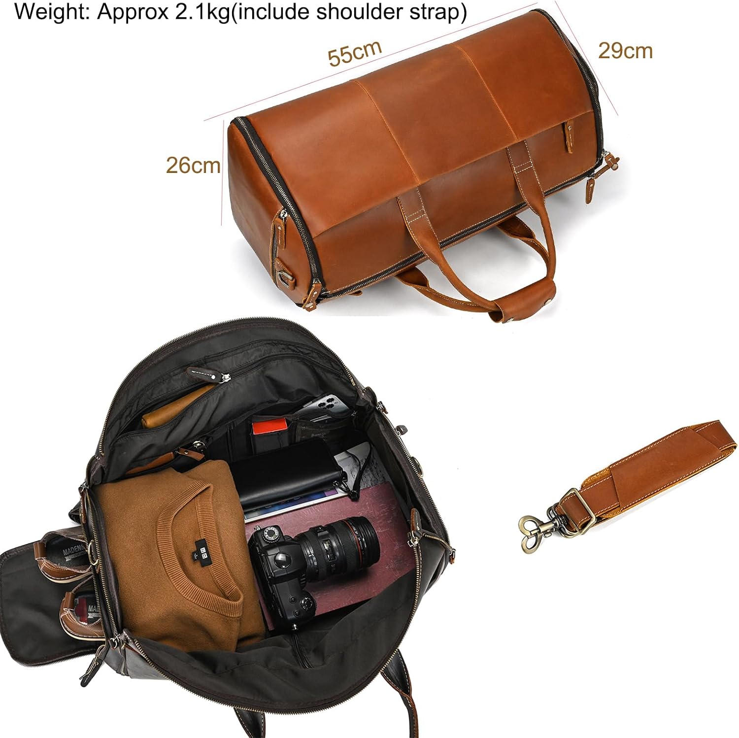 LUUFAN Full-grain Leather Garment Bag Large Capacity Travel Bag Business Suit Carrier Bag with Shoe Compartment, Overnight Gym Sports Duffel Bags for Men Women, Light Brown