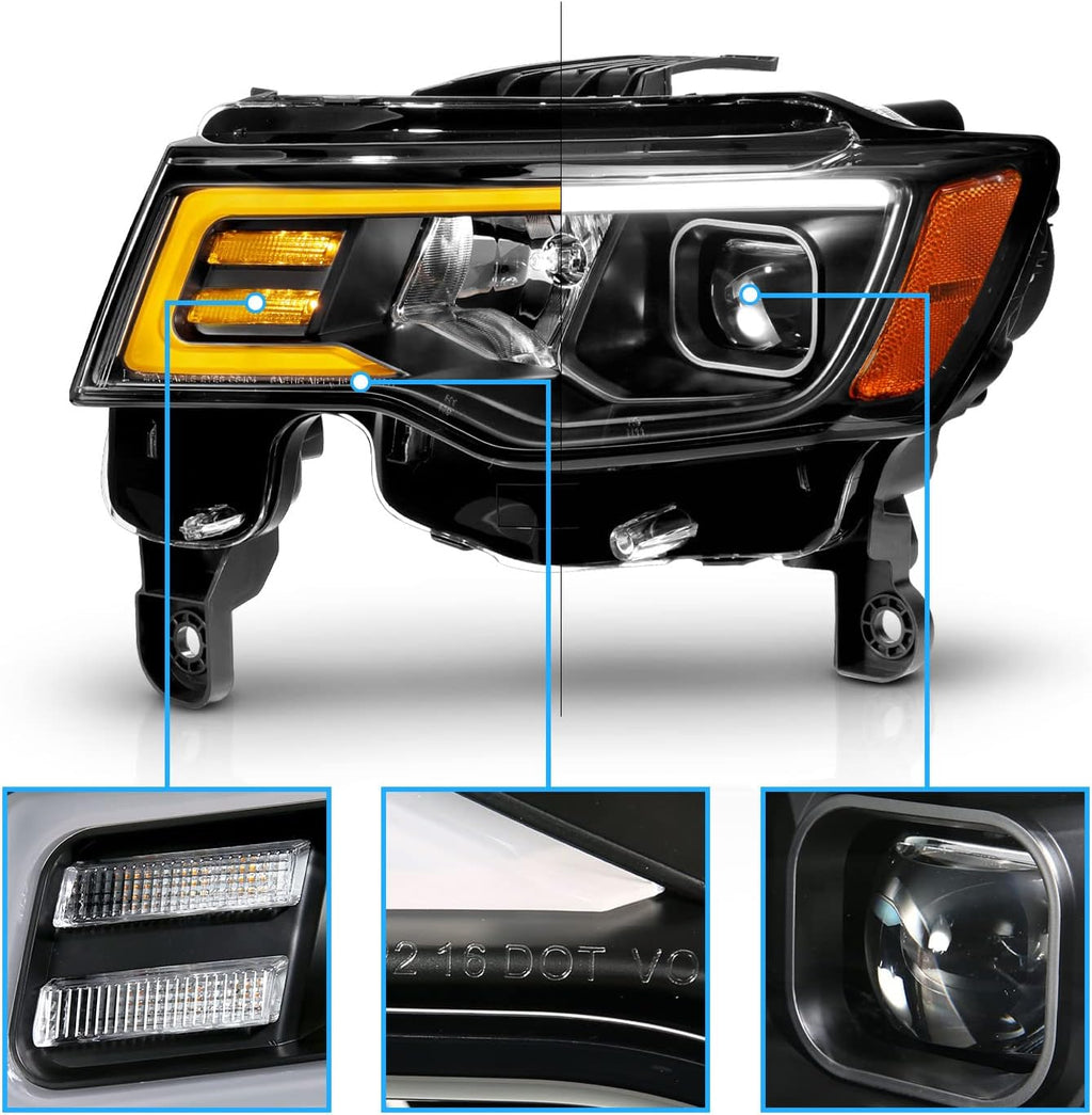 AmeriLite for 2017-2022 Jeep Grand Cherokee Switchback LED Bar Square Projector Black Headlights Assembly Set- Passenger and Driver Side