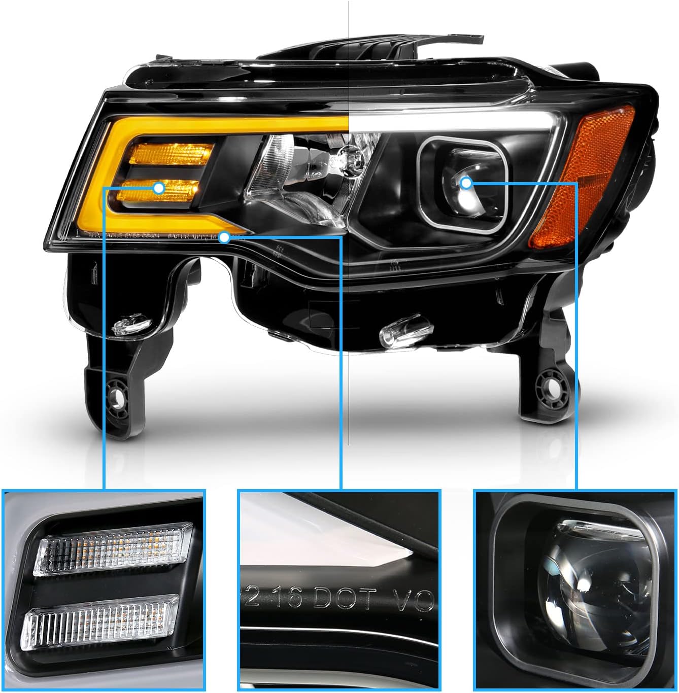 AmeriLite for 2017-2022 Jeep Grand Cherokee Switchback LED Bar Square Projector Black Headlights Assembly Set- Passenger and Driver Side
