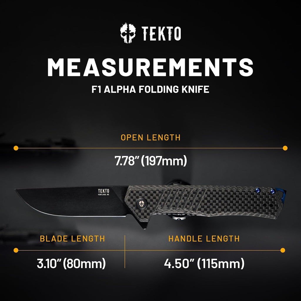 TEKTO F1 Alpha Folding Pocket Knife - Modified Straight Back Blade, Titanium Coated D2 Steel, Tactical Knife, EDC Folding Pocket Knives for Camping, Hunting & Backpacking - Carbon Fiber, Blue Accents
