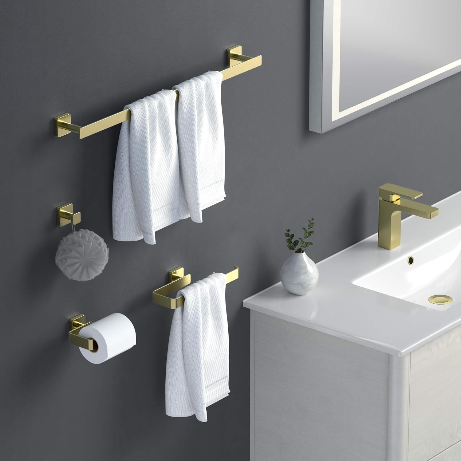 KIBI Blaze Bathroom Hardware Set 4 Piece Bathroom Accessories Set | Towel Bar (25'), Towel Holder, Toilet Paper Holders, Robe Hook (Brushed Gold) (KBA16-4)