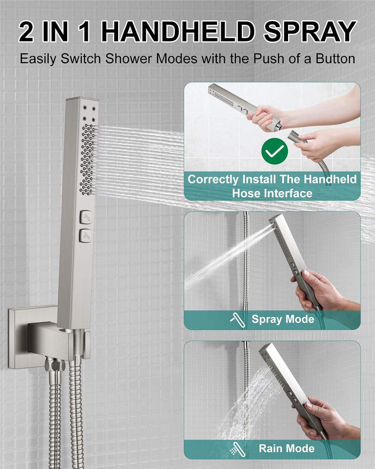 Shower Faucet Set Rainfall Shower System with Square Showerhead and Handle Set Fixture with 2 in 1 Function Handheld Sprayer Wall Mounted Trim Repair Kit Rough-in Valve 10 Inch Brushed Nickel