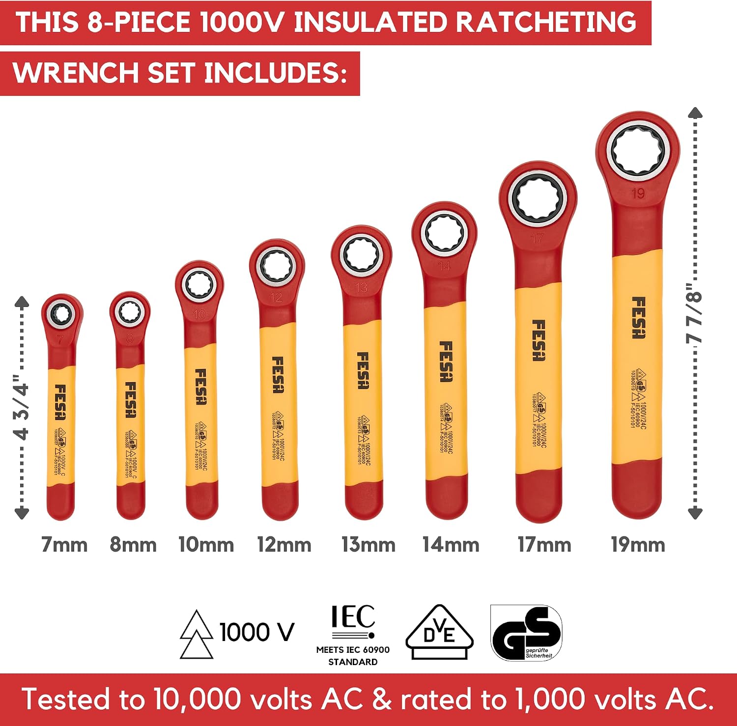FESA Insulated Ratchet Wrench Set - 8-Piece 1000V Box Wrench Set with Storage Pouch - Metric Insulated Wrenches Included in This Electrician Tool Set 7mm, 8mm, 10mm, 12mm, 13mm, 14mm, 17mm, 19 mm