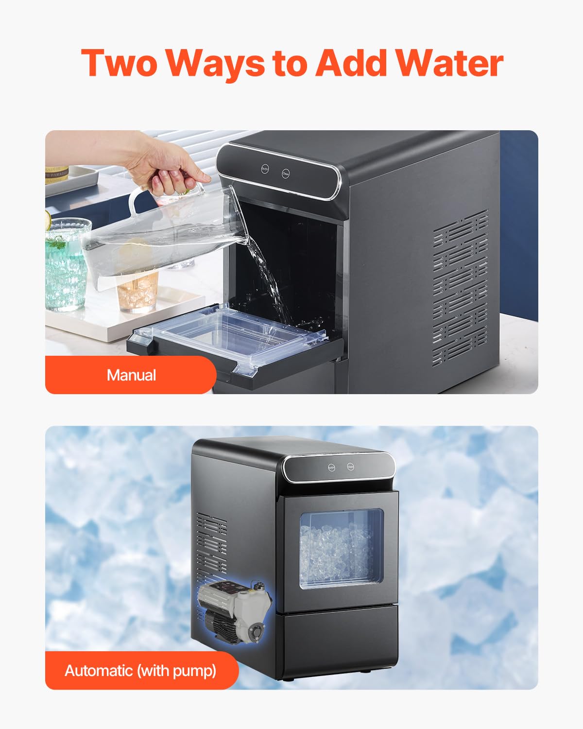 VEVOR Nugget Ice Maker, 37lbs/24H, with Self Cleaning, with Ice Scoop and Basket, Stainless Steel Ice Machine with Convenient Ice Transfer for Home Kitchen Office Black