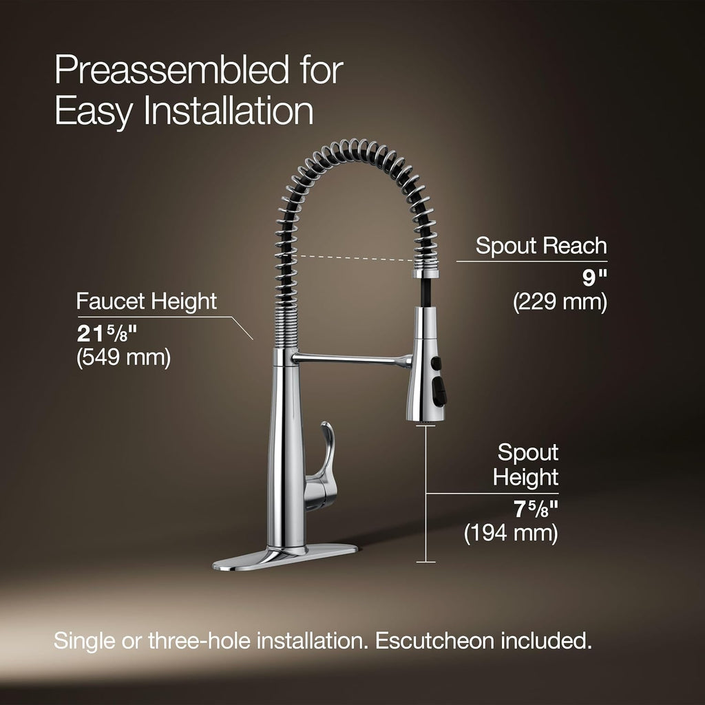KOHLER 22033-CP Simplice Semi Professional Kitchen Sink Faucet, Pre-Rinse Kitchen & Commercial Faucet, Three Function Sprayhead, Polished Chrome