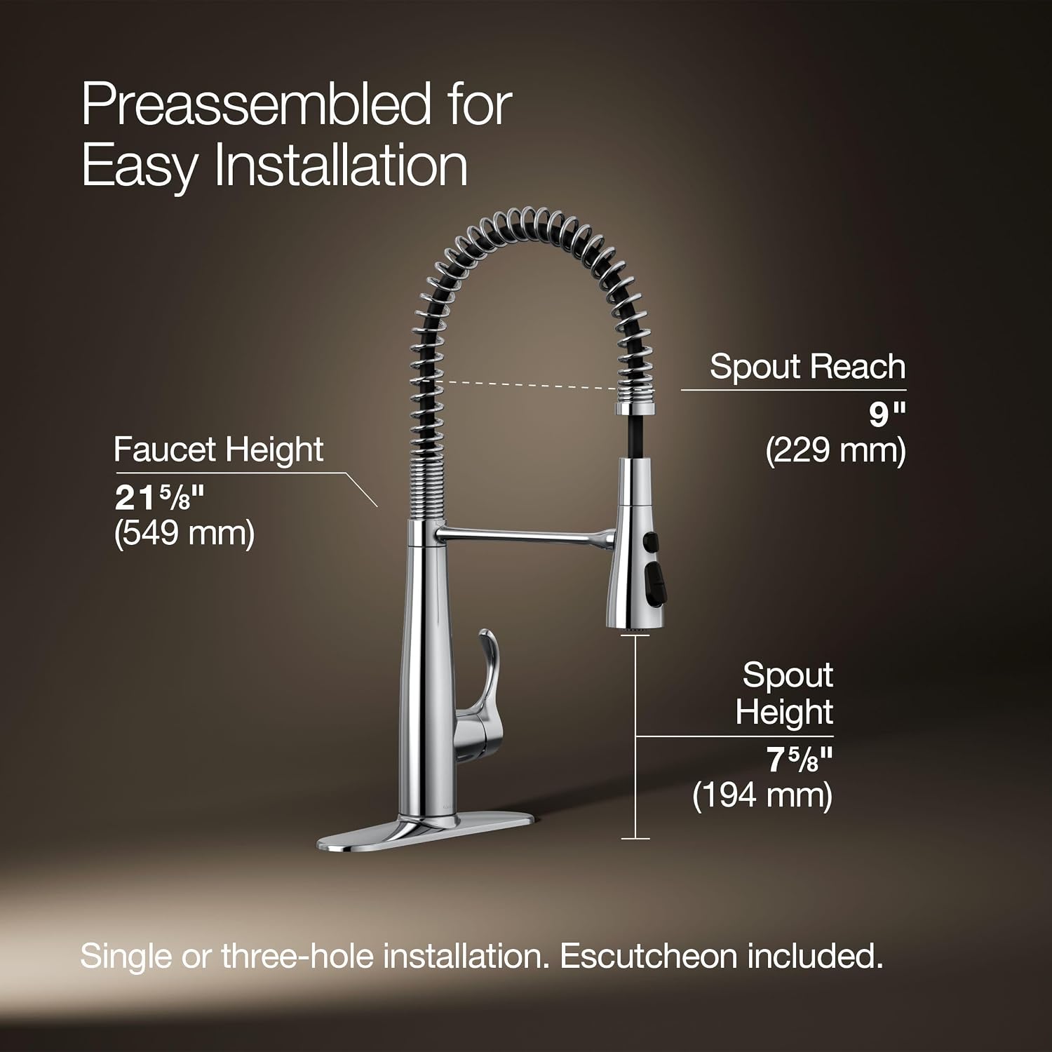 KOHLER 22033-CP Simplice Semi Professional Kitchen Sink Faucet, Pre-Rinse Kitchen & Commercial Faucet, Three Function Sprayhead, Polished Chrome