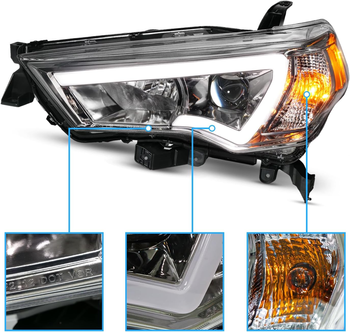 AmeriLite for 2014-2023 Toyota 4Runner LED Tube Square Projector Gun-Metal Headlights Assembly Set - Passenger and Driver Side