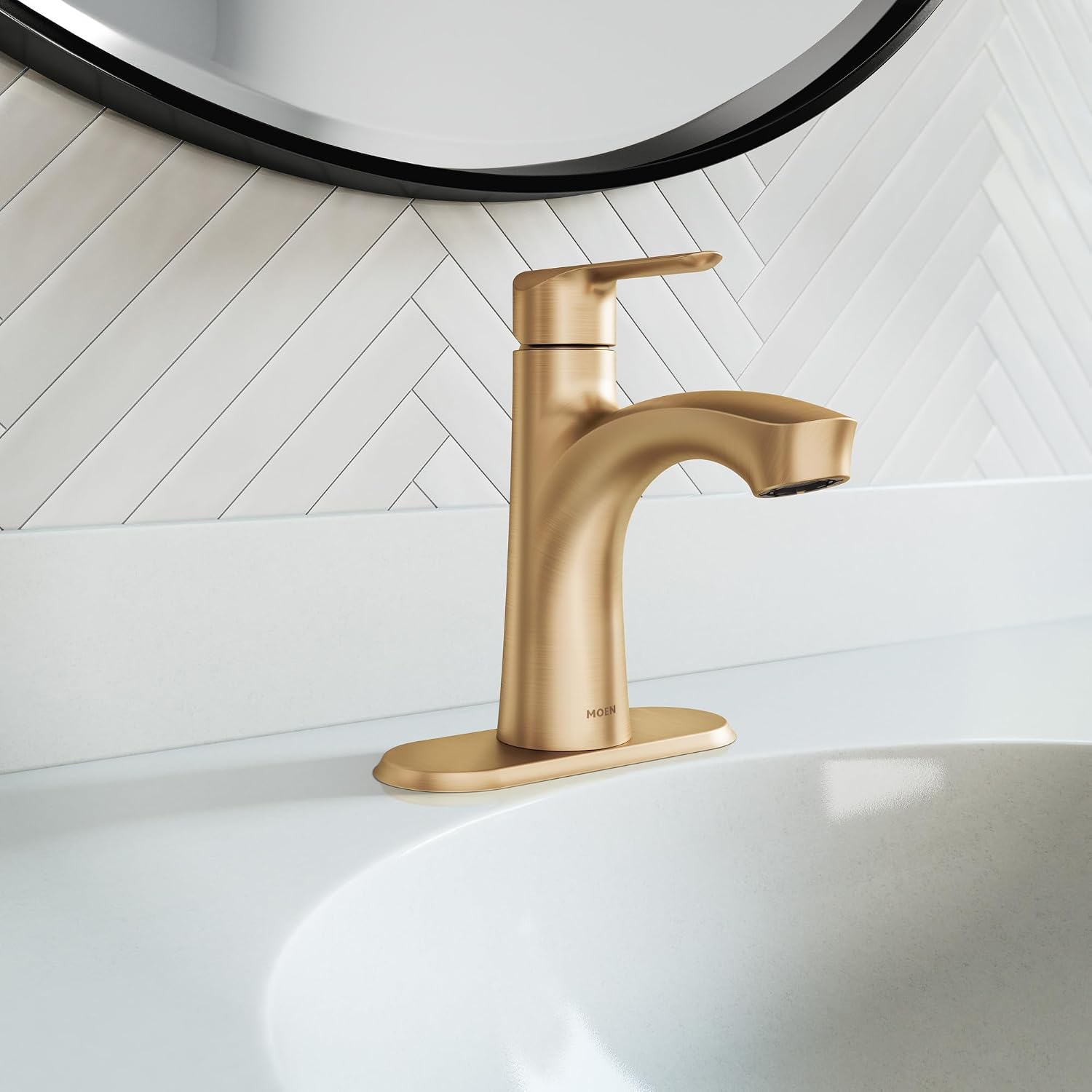 Moen Findlay Bronzed Gold Single-Handle Bathroom Faucet, Single-Hole Setup with Deckplate, 84516BZG