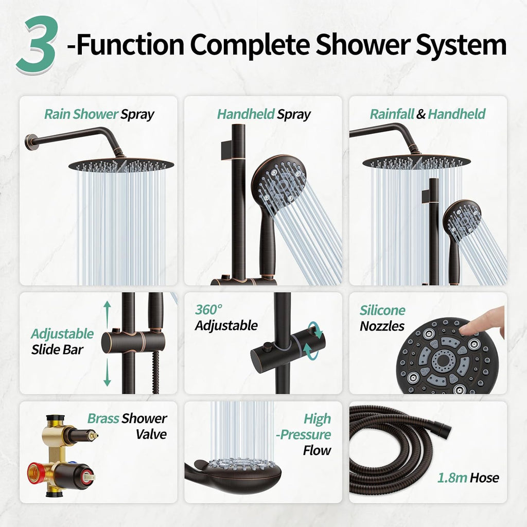 SR SUN RISE 12 Inch Oil Rubbed Bronze Shower System, Wall-Mount Adjustable 16-Inch Slide Bar with 6-Function Hand Shower Faucet Included Valve and Trim Kit