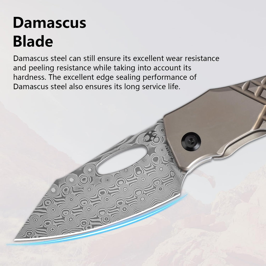 KANSEPT Loki Pocket Folding Knives for Men EDC Camping Folding Knife 2.99'' Damascus Blade Material Pocke Knife with Bronzed Anodized Titanium with Frag Pattern Handle Everyday Carry K1058B5