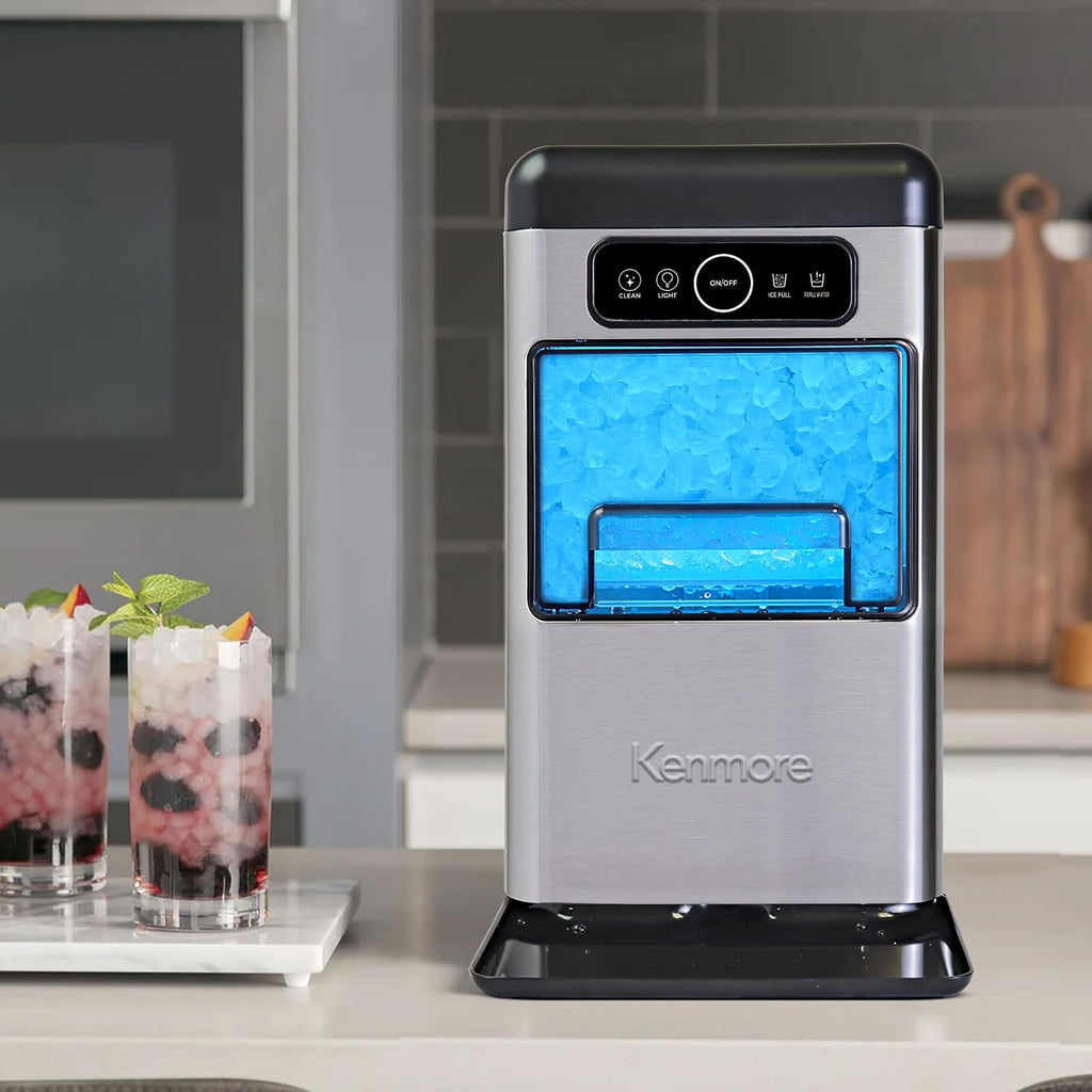 Kenmore Countertop Ice Maker Nugget Machine – Portable Self-Cleaning Máquina de Hacer Hielo para Casa, Crunchy Chewable Pebble Ice, 40lb/24hr Capacity, Stainless Steel