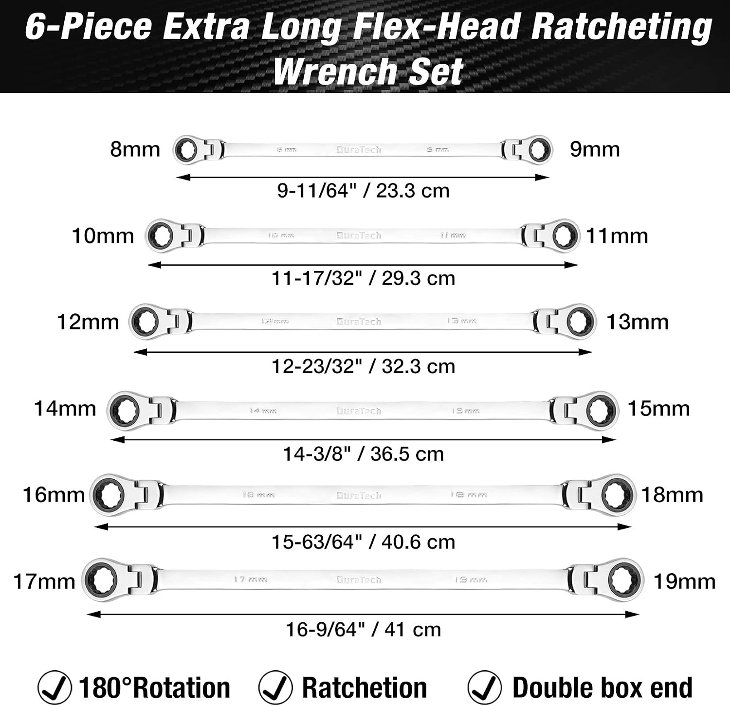 DURATECH 11-Piece Extra Long Flex-Head Ratcheting Wrench Set, Metric&SAE