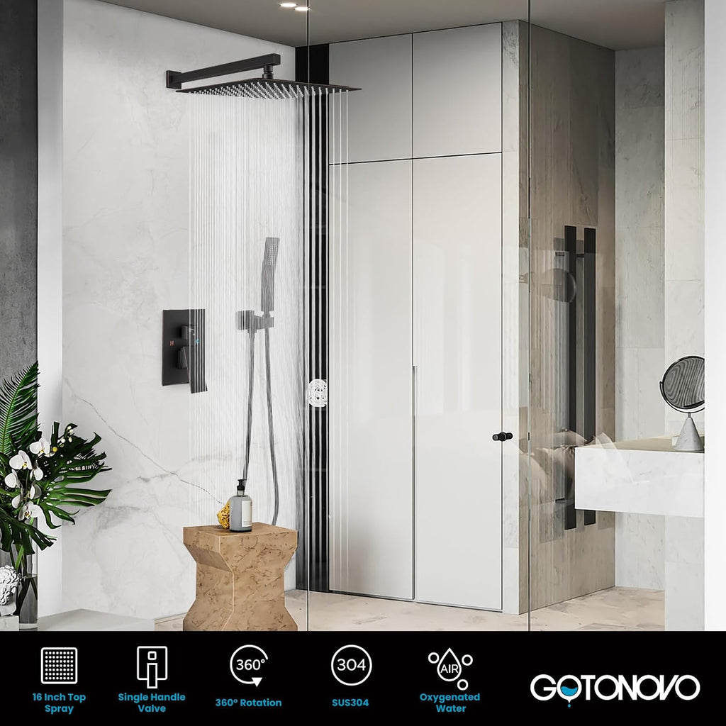 gotonovo Rainfall Bathroom Shower System Rain Shower Head and Handle Set Wall Mounted Shower Complete Combo Solid Brass Pressure Balancing Shower Mixer Valve 16 Inch Oil Rubbed Bronze