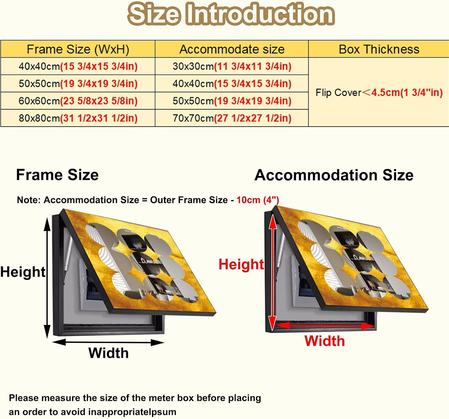 Square Breaker Box Cover with Flip-Top Lid, Decorative Wall Fuse Box Cover for Replacement, Gold Plastic Meter Box Cover with Mirror & Traceless Nails(50x50cm(19 3/4x19 3/4'))