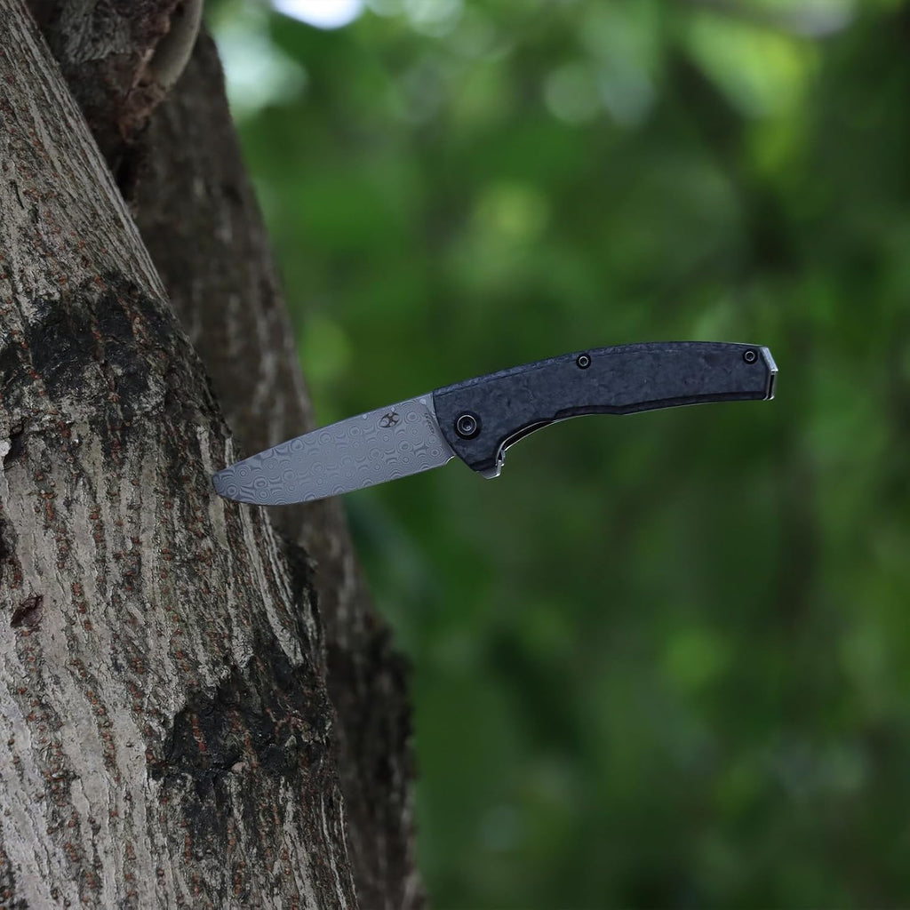 KANSEPT AGI Pocket Folding Knives EDC Camping 2.94'' Dmascus Material Pocket Folding Knife with Twill Carbon Fiber + Black Stonewashed Titanium Handle Everyday Carry K2037A2