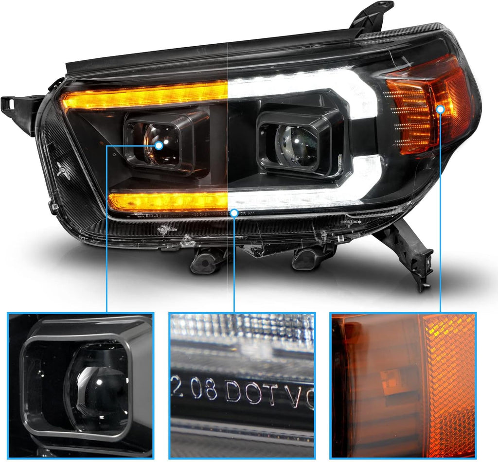 AmeriLite for 2010-2013 Toyota 4Runner Switchback LED DRL Sequntial Turn Signal Dual Projector Black Headlight Set - Driver and Passenger Side