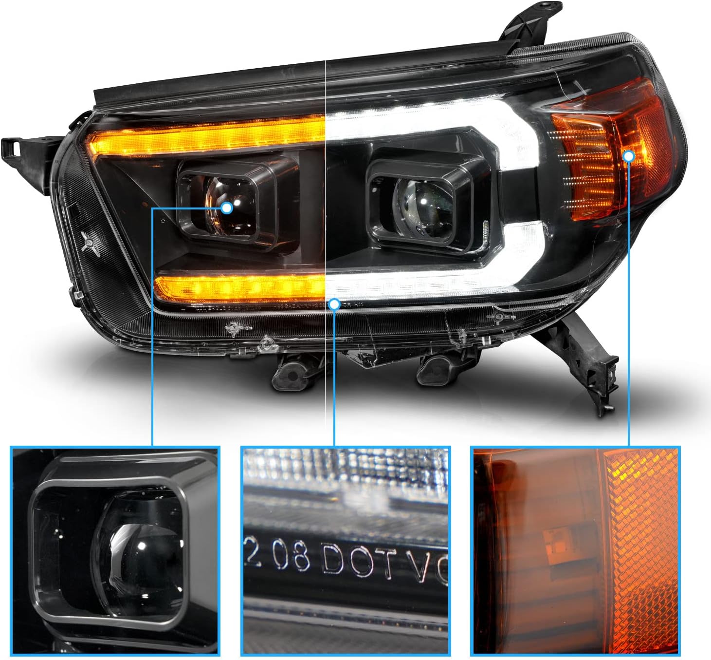 AmeriLite for 2010-2013 Toyota 4Runner Switchback LED DRL Sequntial Turn Signal Dual Projector Black Headlight Set - Driver and Passenger Side