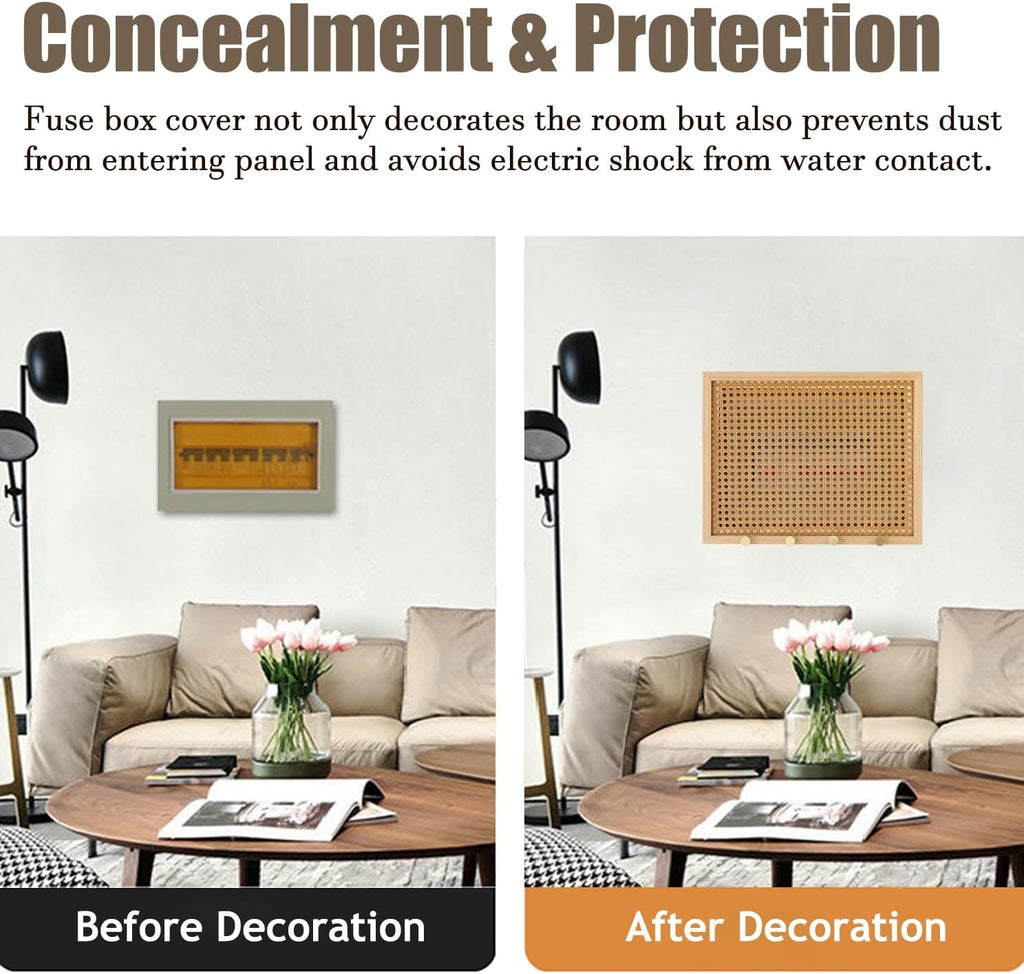 Electrical Panel Cover Wooden Fuse Box Panel Cover Home, Electrical Panel Cover Decorative Wall, Electrical Meter Cover Box with Rattan Surface, Breaker Box Covers(WXL-45 x 35CM-17.7 X 13.8)