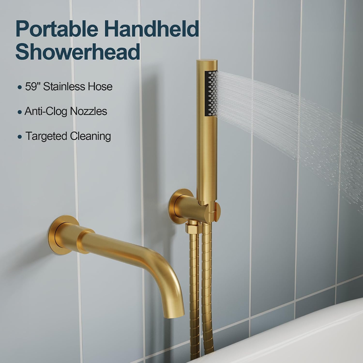 Brushed Gold Wall Mount Bathtub Faucet with Handheld Shower, High Flow Tub Filler, Solid Brass Rough-in Valve Included, Single Handle Bathroom Fixture