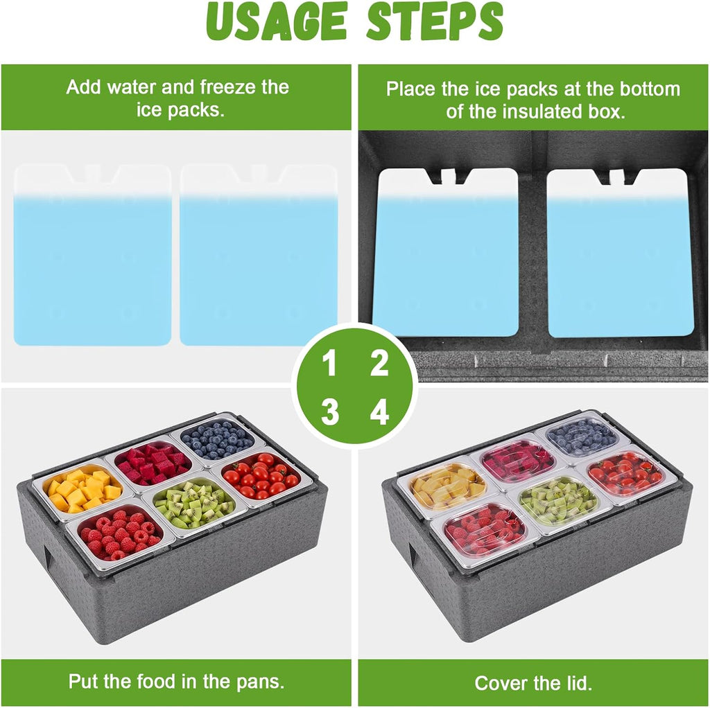 Insulated Cold Food Buffet Ice Serving Trays 6 Lids 6 Pans 2 Ice Packs Insulation Box Cooled Condiment Serving Container Ice Platter Food Cooler for Parties Buffets Fruit Market