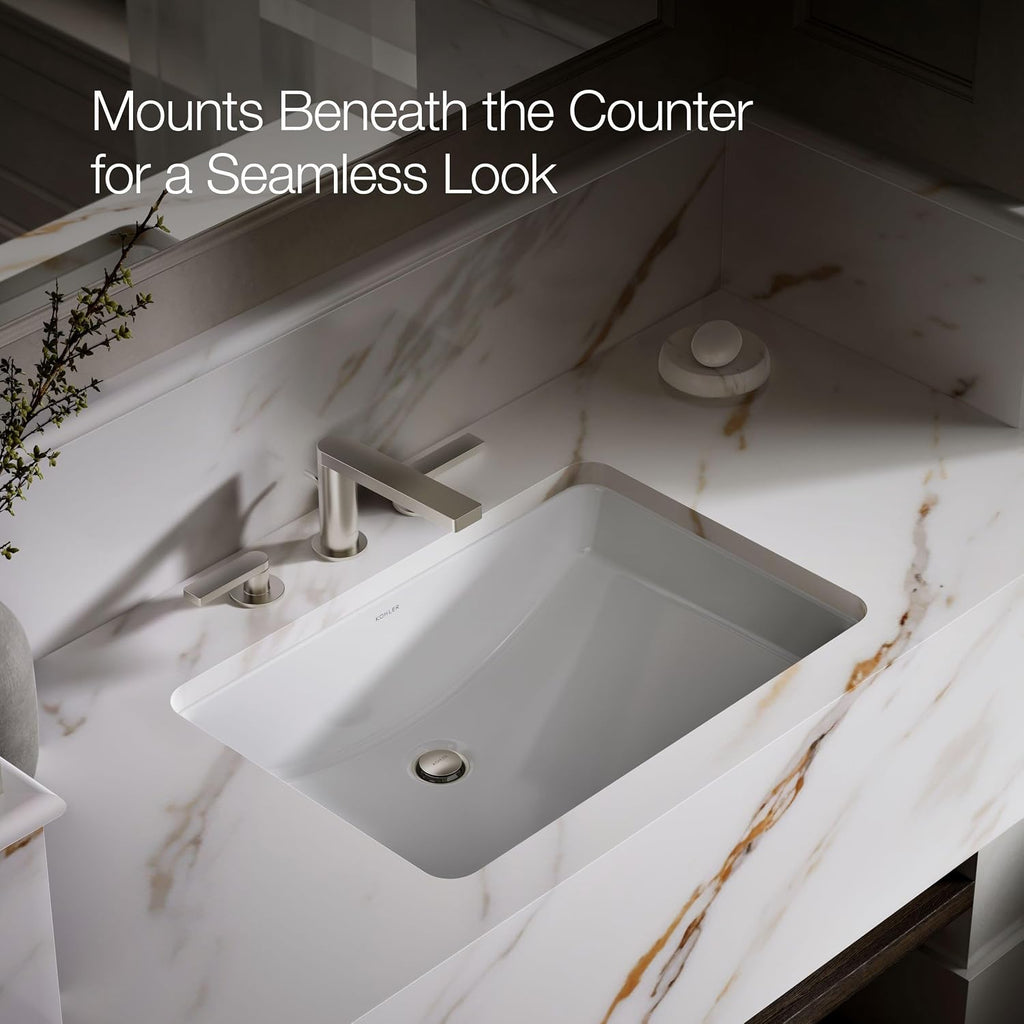 KOHLER 2215-0 Ladena Rectangular Undermount Bathroom Sink Vanity With Curved Bottom, 23-1/4 L x 16-1/4 W, White Bathroom Sinks