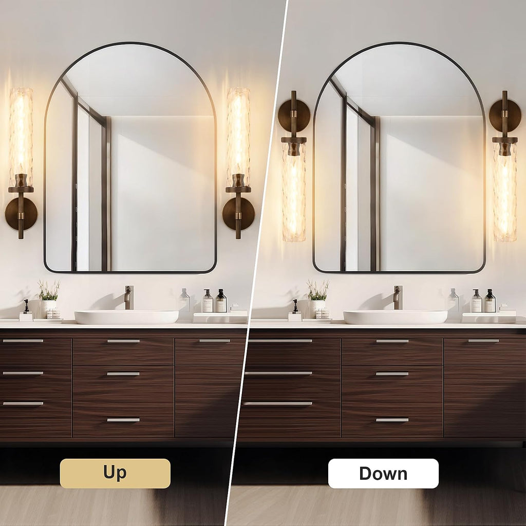 19.5' Knurled Brass Wall Sconces Set of 2, Bronze Bathroom Vanity Light Fixtures with Water Ripples Glass Tube, Modern Lamp Lighting for Bedroom, Living Room, Hallway, Staircase, Mirror, Kitchen
