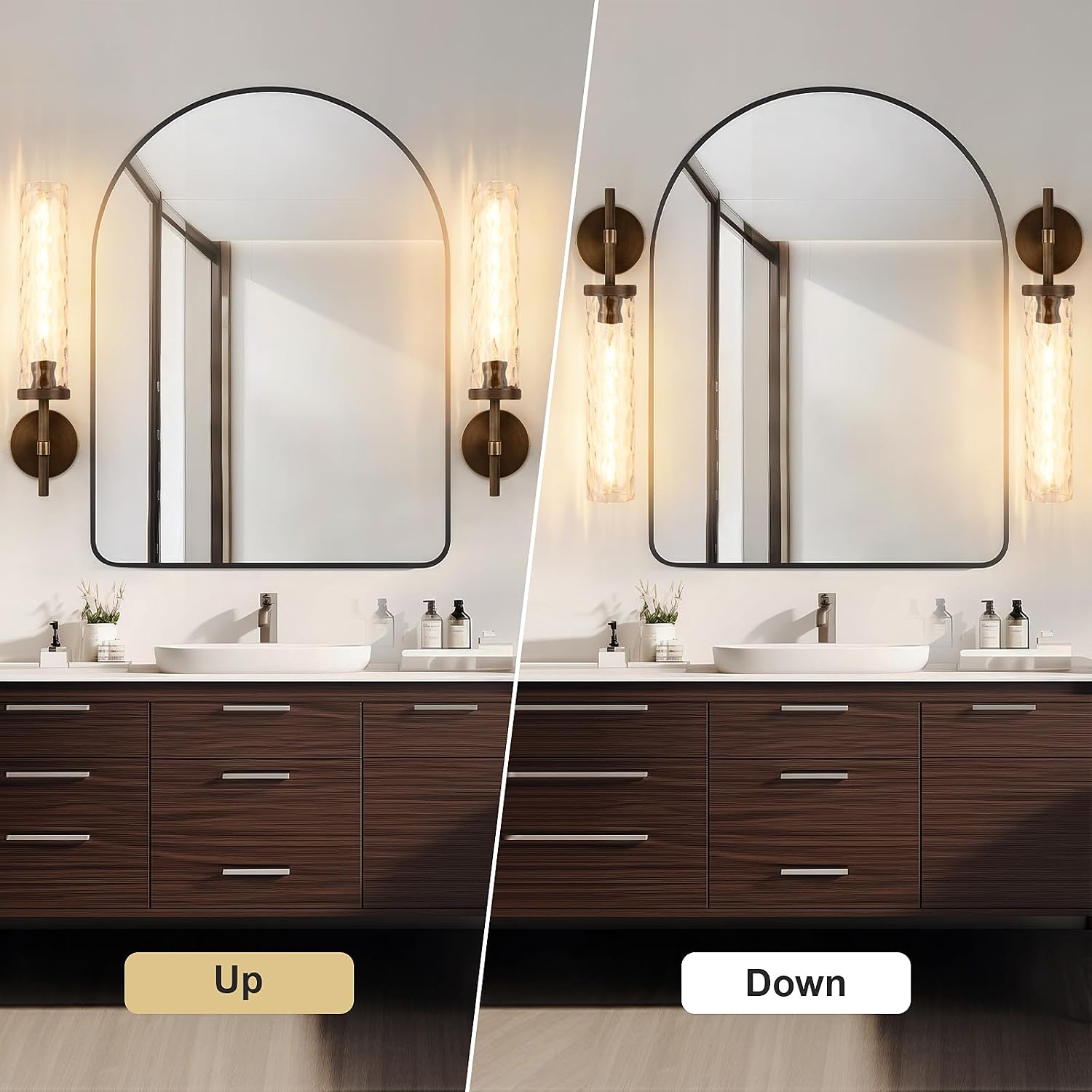 19.5' Knurled Brass Wall Sconces Set of 2, Bronze Bathroom Vanity Light Fixtures with Water Ripples Glass Tube, Modern Lamp Lighting for Bedroom, Living Room, Hallway, Staircase, Mirror, Kitchen